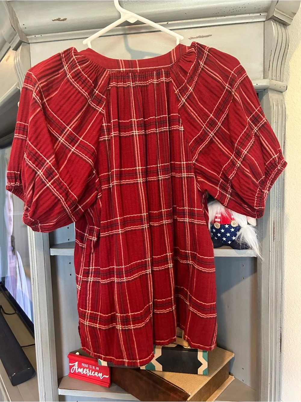 LOFT Red Plaid Short-Sleeve Peasant Blouse